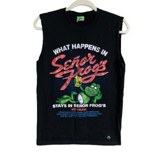 Men's Vintage Senor Frog's What Happens In Small Black 100% Cotton Tank Top EUC